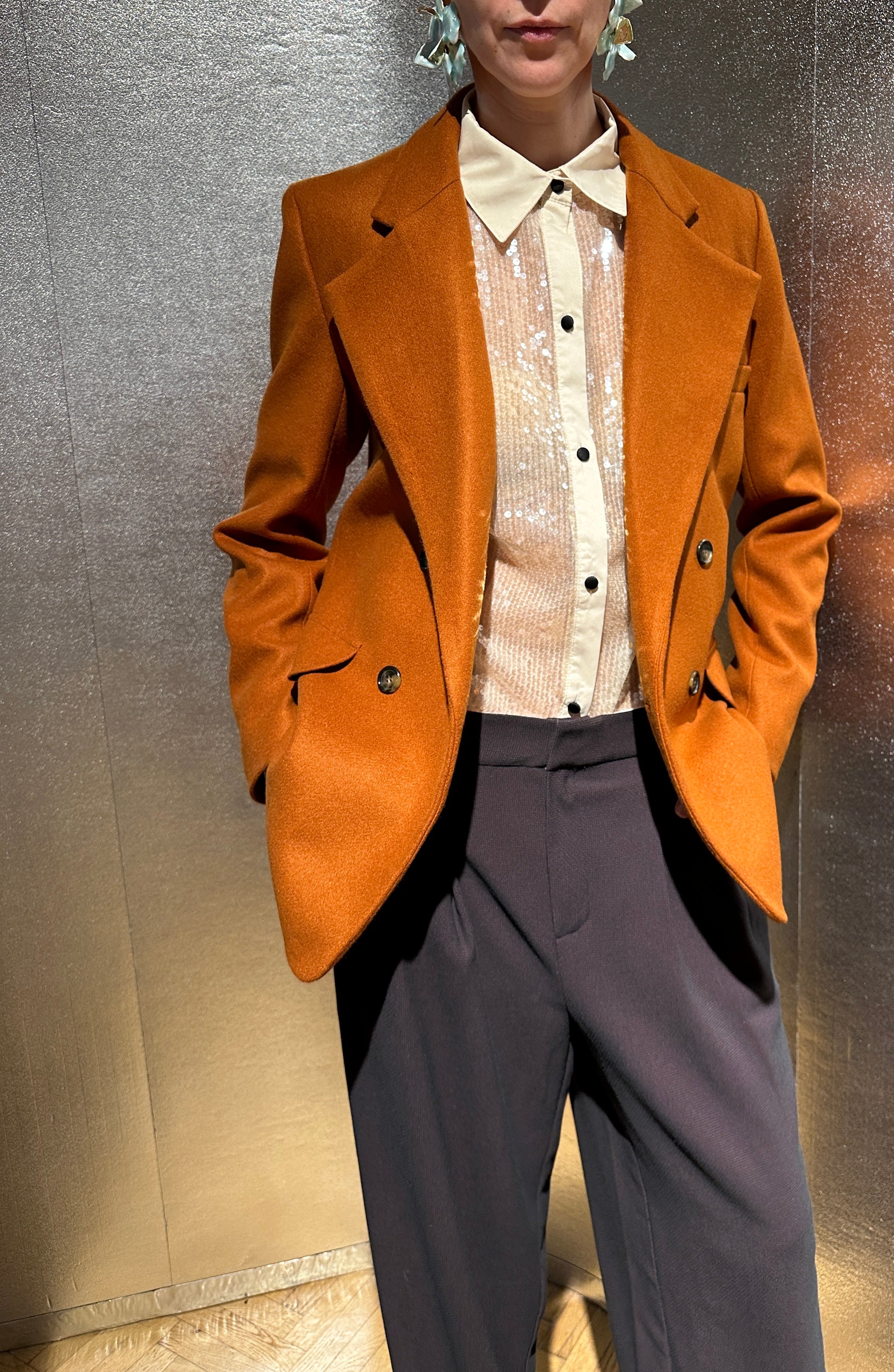 Cognac Wool Double-Breasted Tailored Jacket