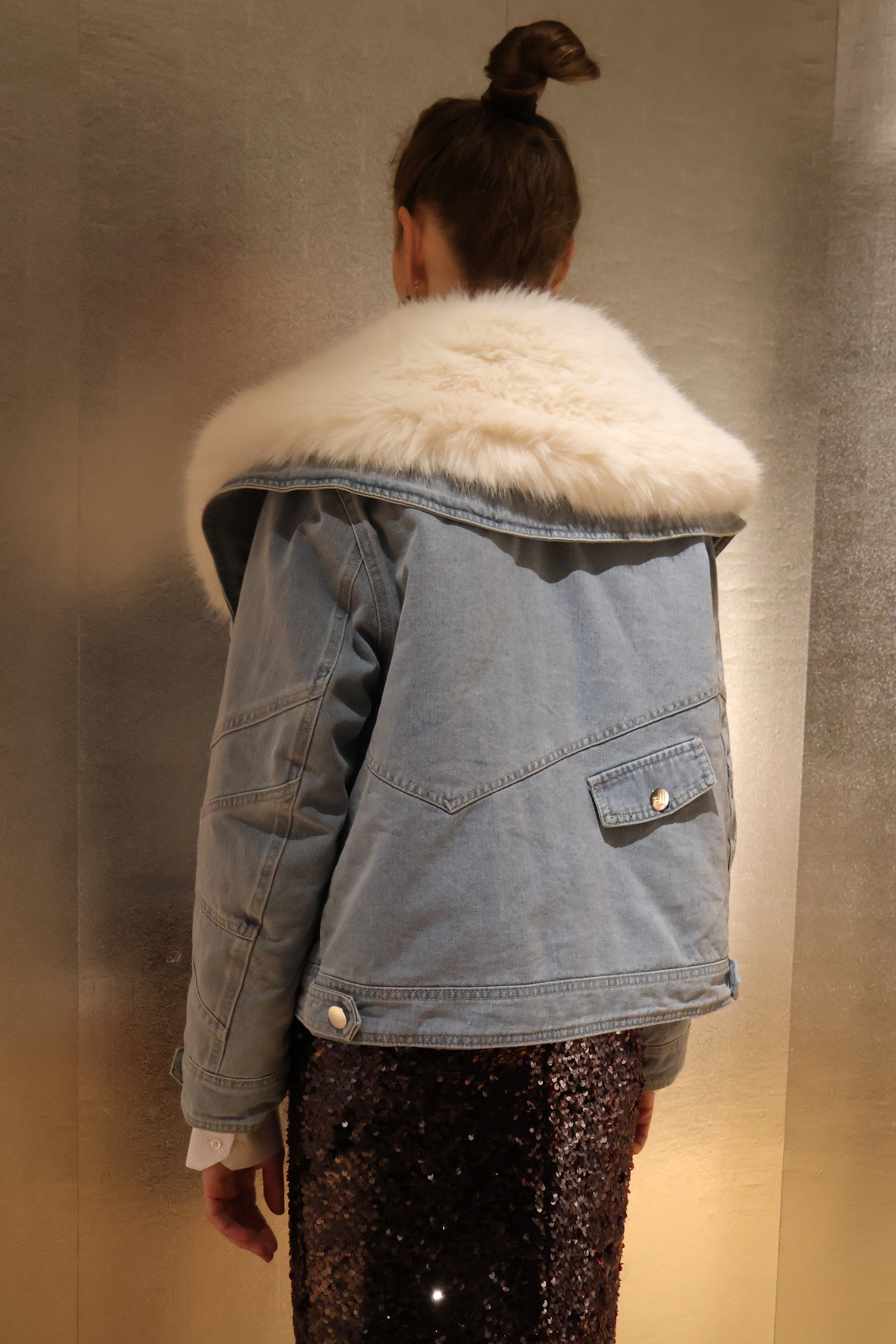 Kaya Denim Jacket with Luxurious Oversized Detachable Faux Fur Collar