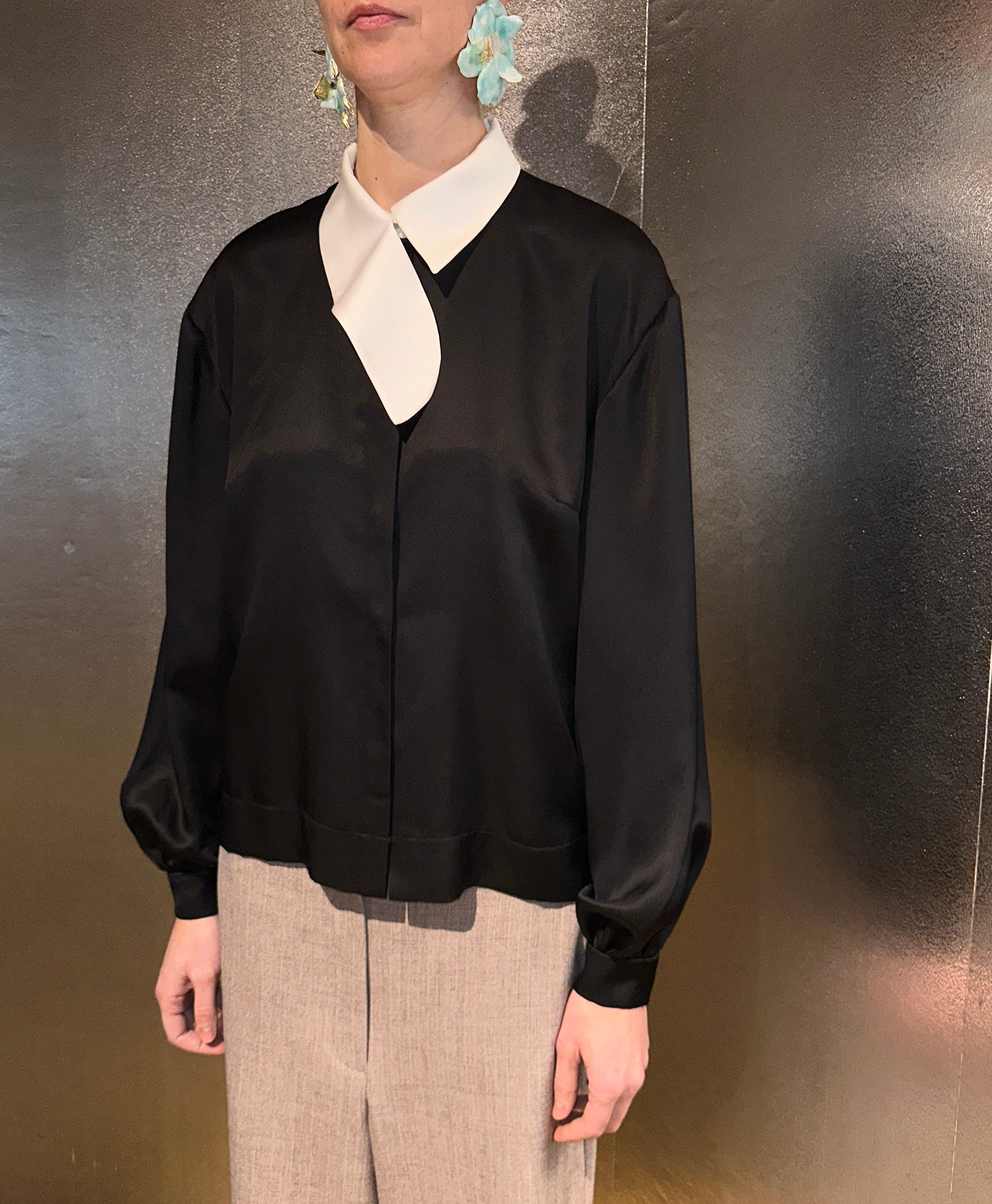 Black Silk Shirt with Conceptual White Collar