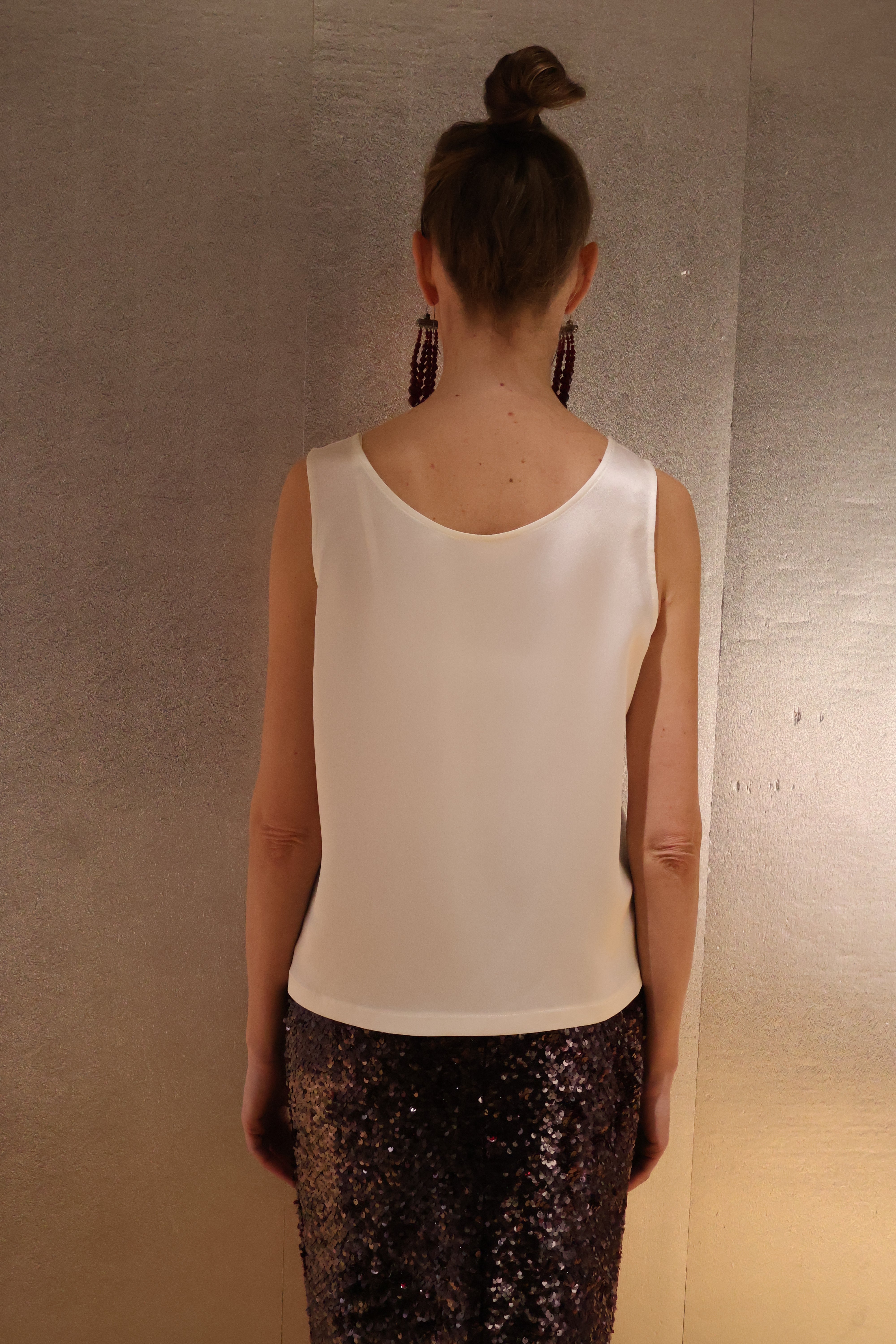 Ivory Silk Tank Top with Detachable Flower Brooch