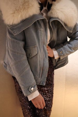 Kaya Denim Jacket with Luxurious Oversized Detachable Faux Fur Collar