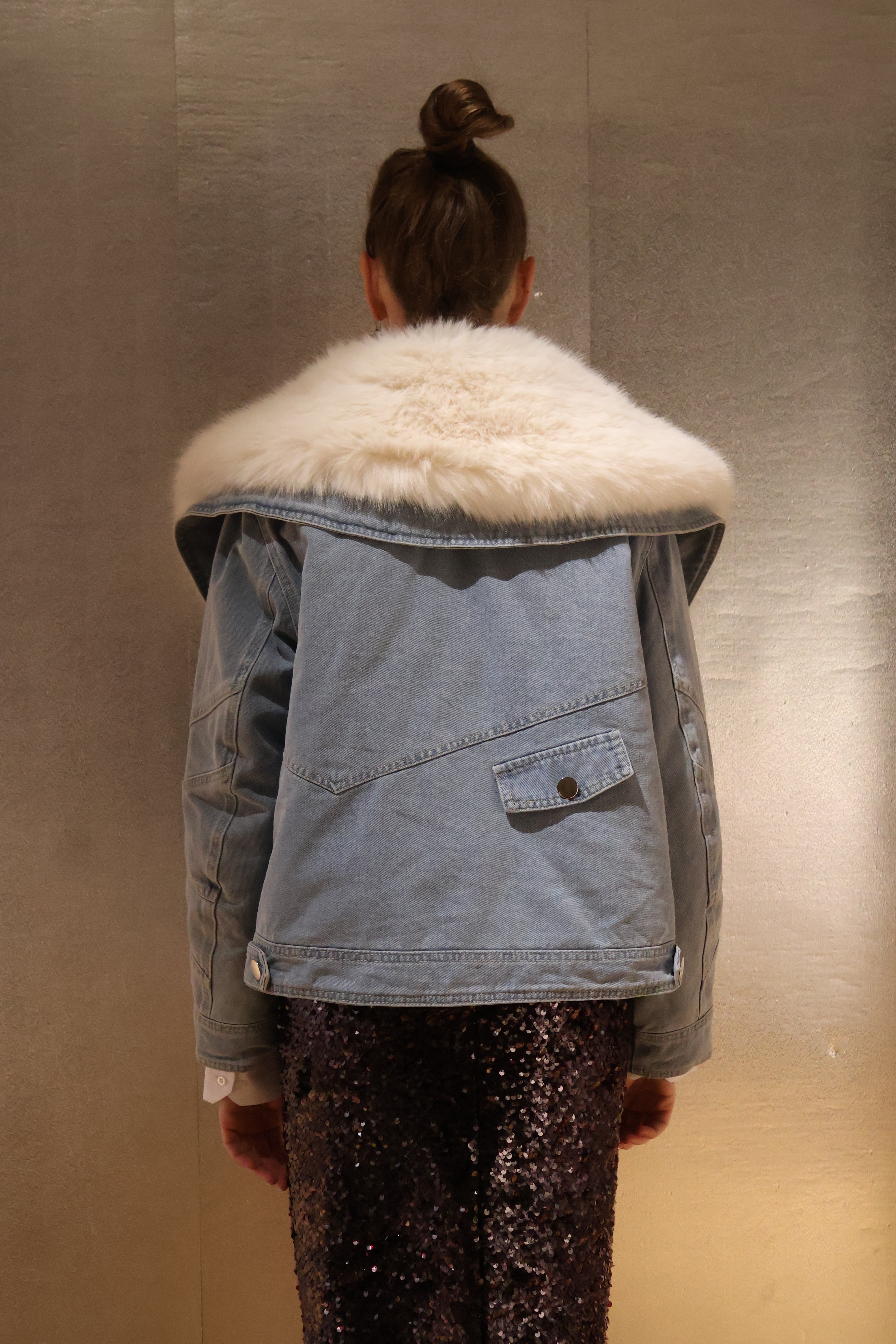 Kaya Denim Jacket with Luxurious Oversized Detachable Faux Fur Collar