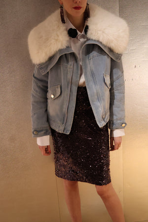 Kaya Denim Jacket with Luxurious Oversized Detachable Faux Fur Collar