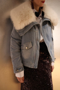 Kaya Denim Jacket with Luxurious Oversized Detachable Faux Fur Collar