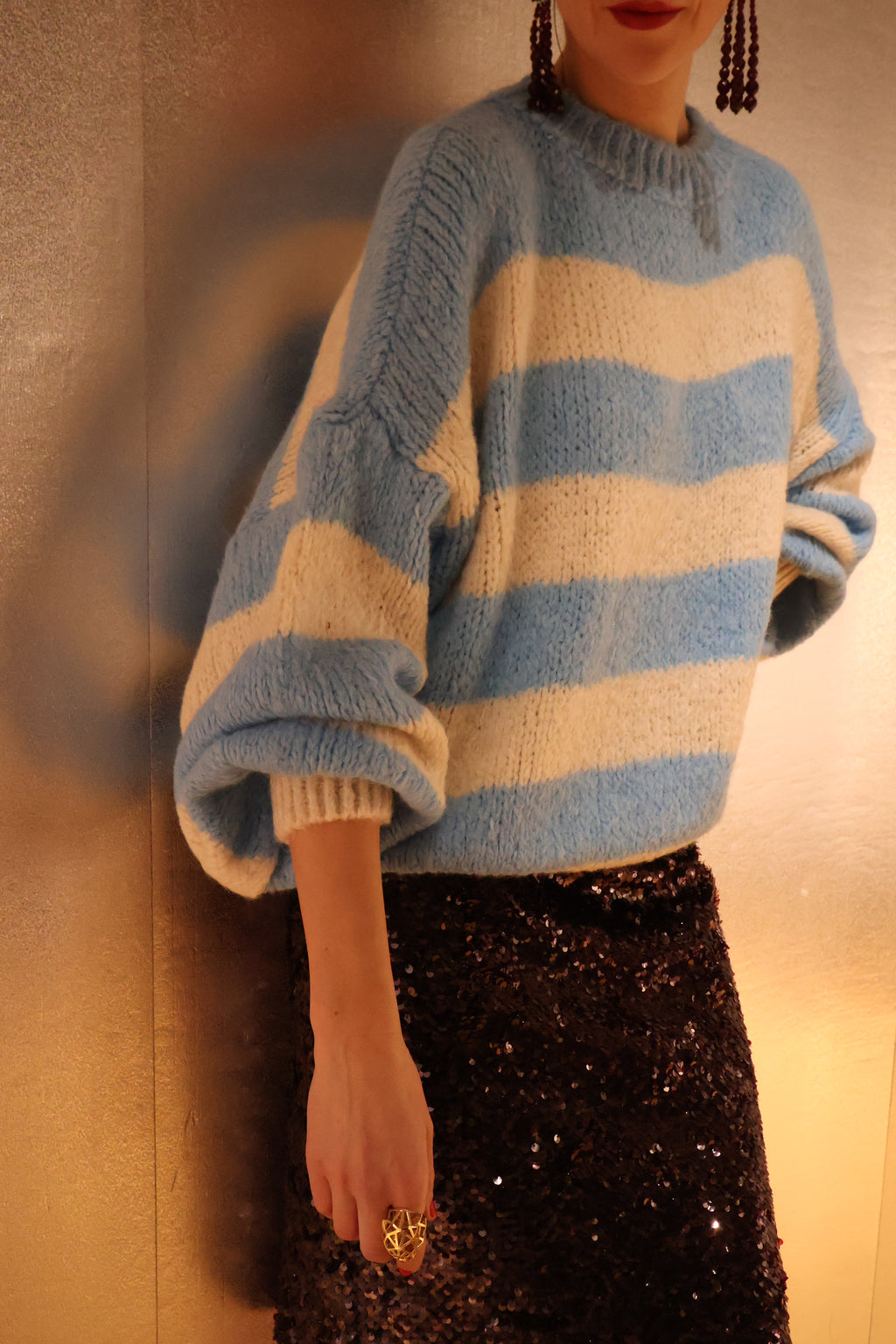 Limited Edition Oversized Sky Blue & White Striped Fluffy Knit Sweater